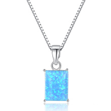 Simple 925 Sterling Silver Fire Blue Opal Pendant Necklace